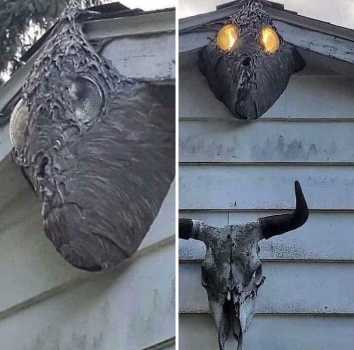 Creepy and unsettling moment showing a dark, glowing-eyed figure mounted on a house wall above a bull skull.