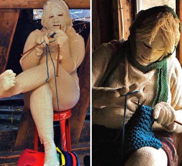 Two creepy and unsettling knitted figures captured in moments of knitting, creating an eerie and unsettling atmosphere.