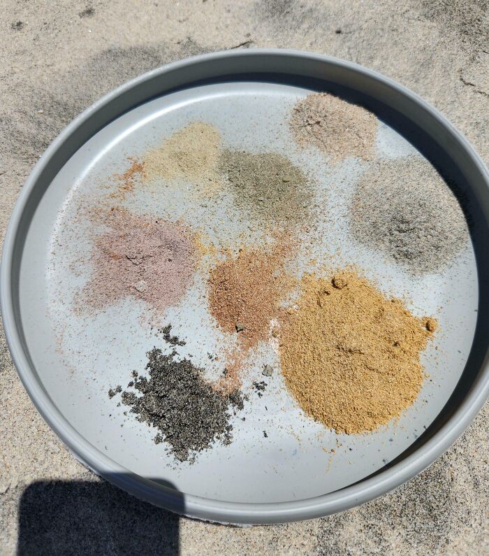 Various colorful sand samples collected and displayed on a tray, showing unique textures found at the beach.