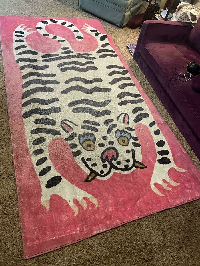 Pink and white tiger rug with black stripes in a living room, one of the thrift store finds that feel like stumbling upon a pot of gold