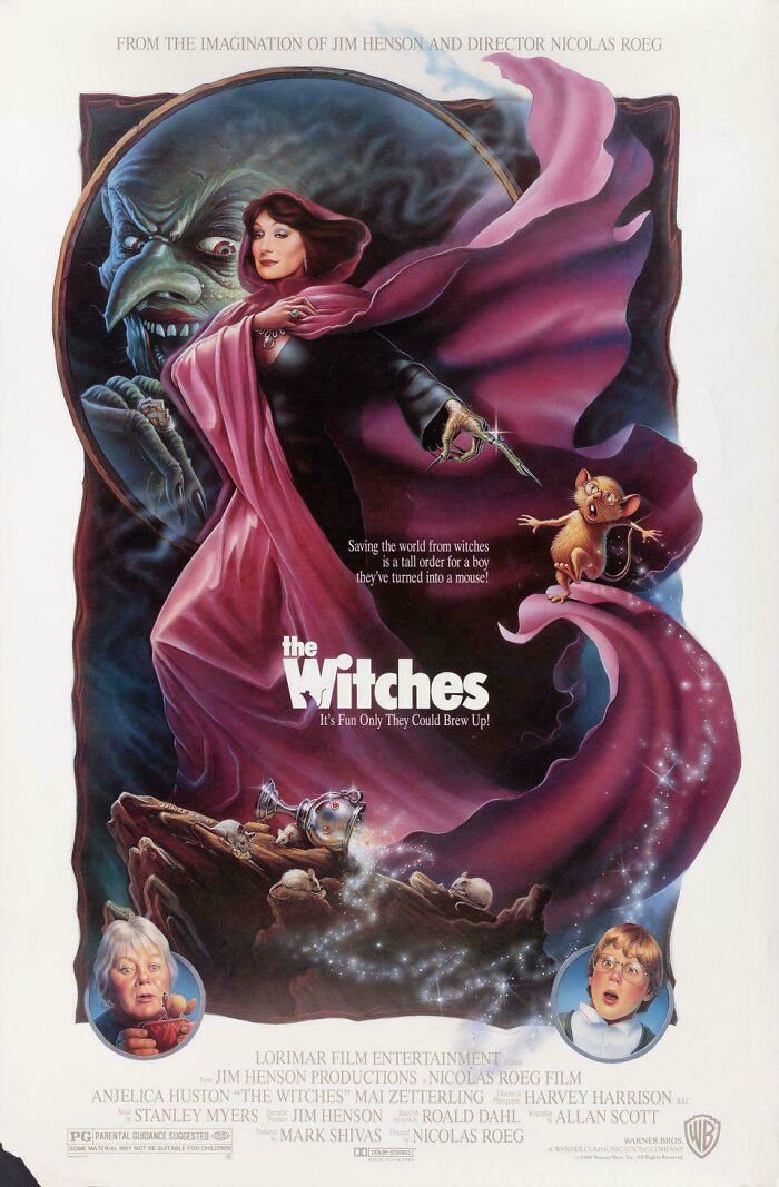 Illustration of the 90s movie The Witches with a woman in a flowing cape and a magical mouse, evoking 90s nostalgia.