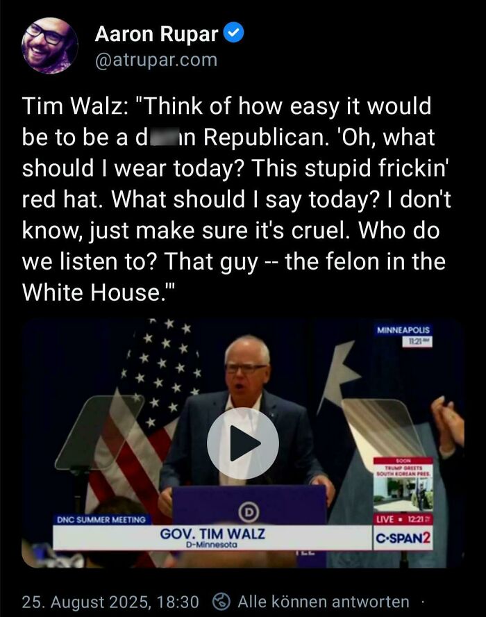 Tweet by Aaron Rupar showing Gov. Tim Walz speaking at a DNC meeting with bold political commentary trending on social media.