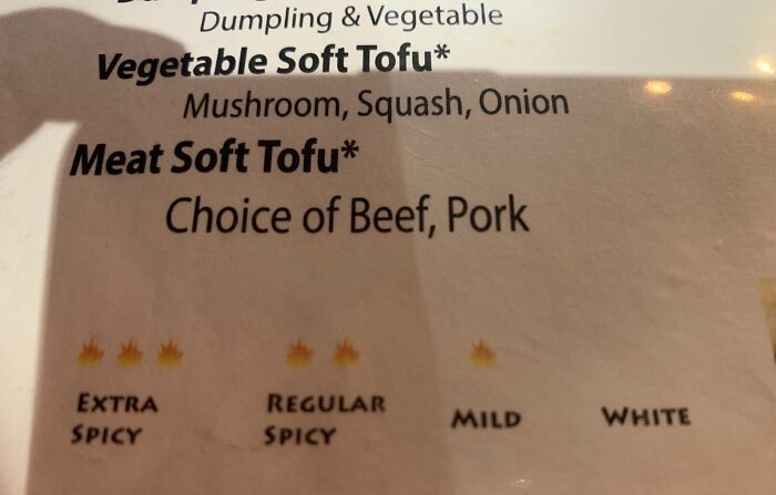 Menu close-up showing tofu and meat options with spice level indicators in a creative bar and restaurant setting.