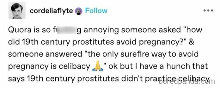 Screenshot of a humorous social media post sharing a unique sentence about 19th century prostitutes and pregnancy.