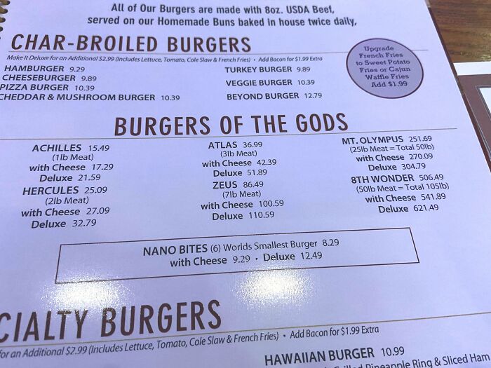 Menu highlighting creative and oversized burgers at a unique bar, showcasing inventive dishes from a 5-star restaurant.