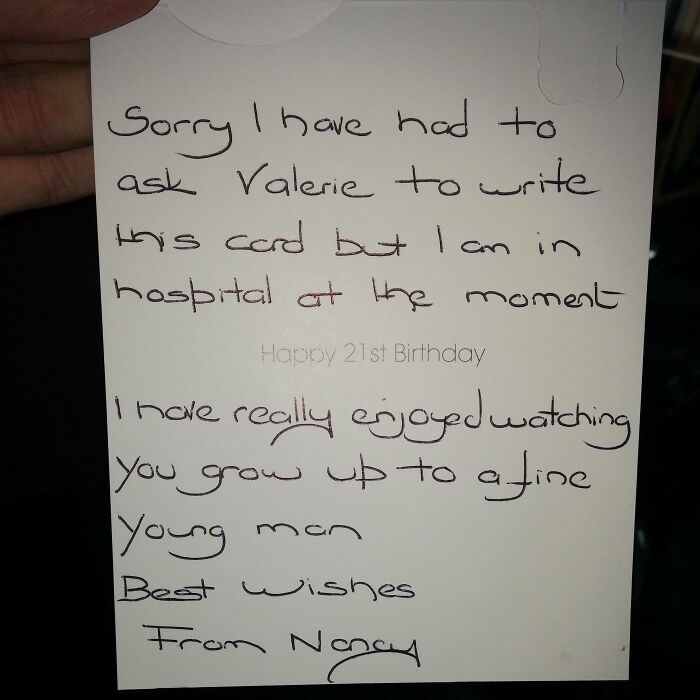 Handwritten birthday card from wholesome kind neighbors expressing heartfelt wishes despite being in hospital.