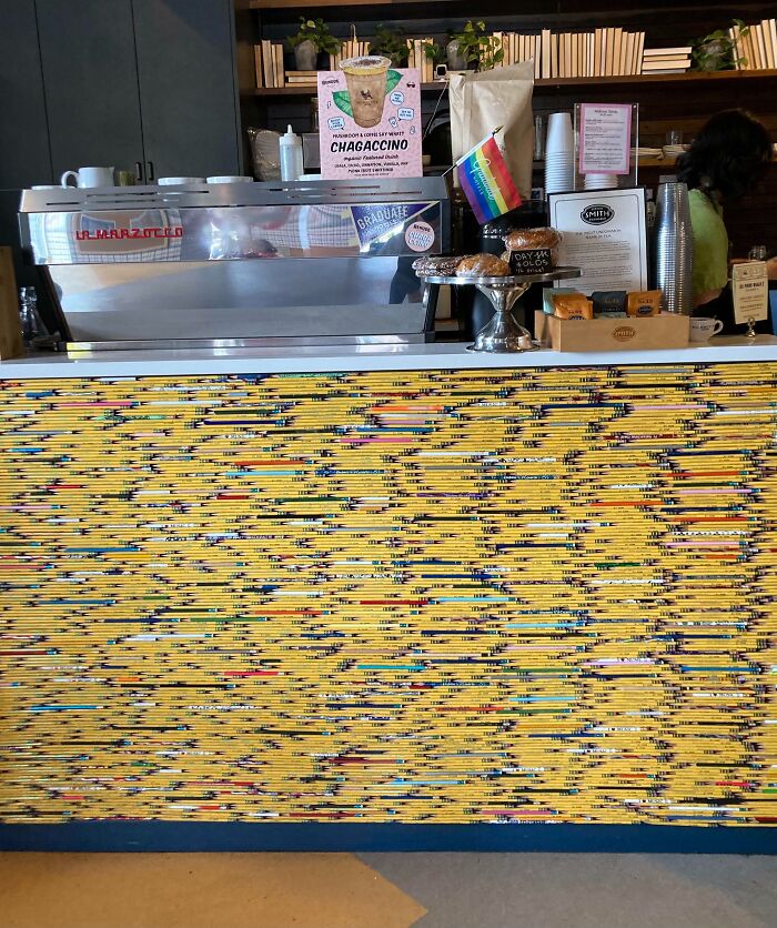 Bar counter with colorful woven design at a creative bar or restaurant recognized for 5-star creativity worldwide.