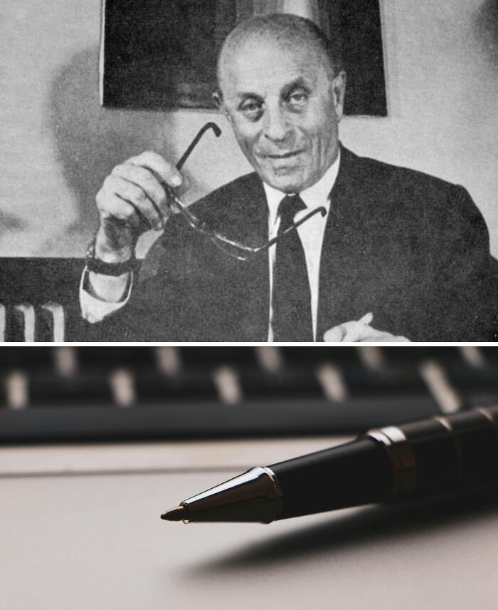 Black and white photo of an inventor holding glasses above close-up of a pen tip on paper, highlighting everyday inventions and brilliant minds.