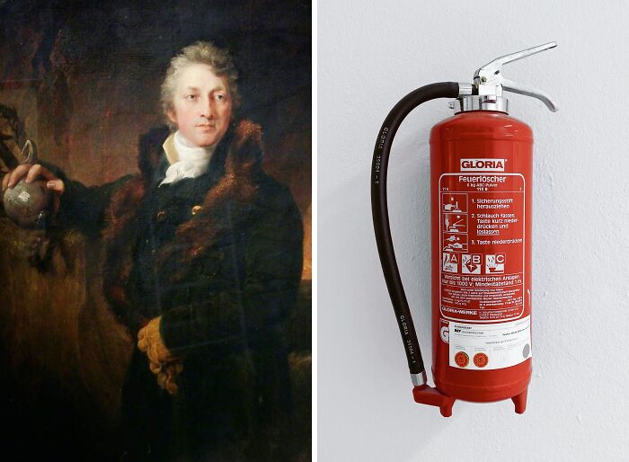 Portrait of an inventor beside a modern fire extinguisher, showcasing everyday inventions and their brilliant minds.