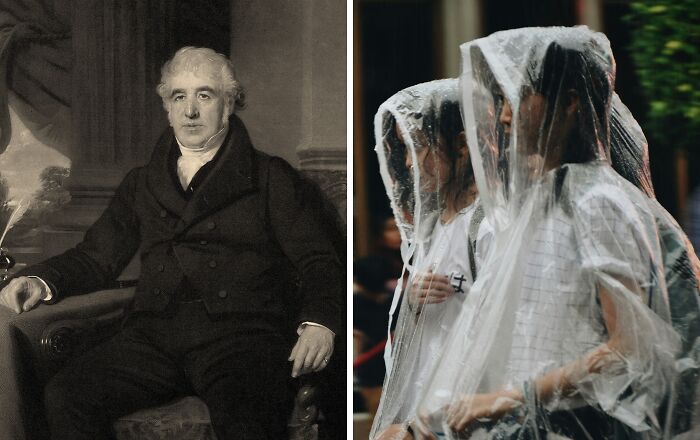 Portrait of an inventor alongside people wearing everyday plastic rain ponchos, highlighting everyday inventions and their impact.