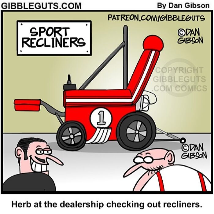 Cartoon from Gibbleguts Seniors Villa showing humorous take on sport recliners for seniors enjoying getting older.