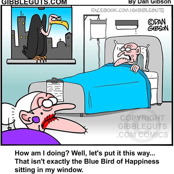 Elderly man in hospital bed with nurse, humorously referencing aging in a seniors villa comic style.