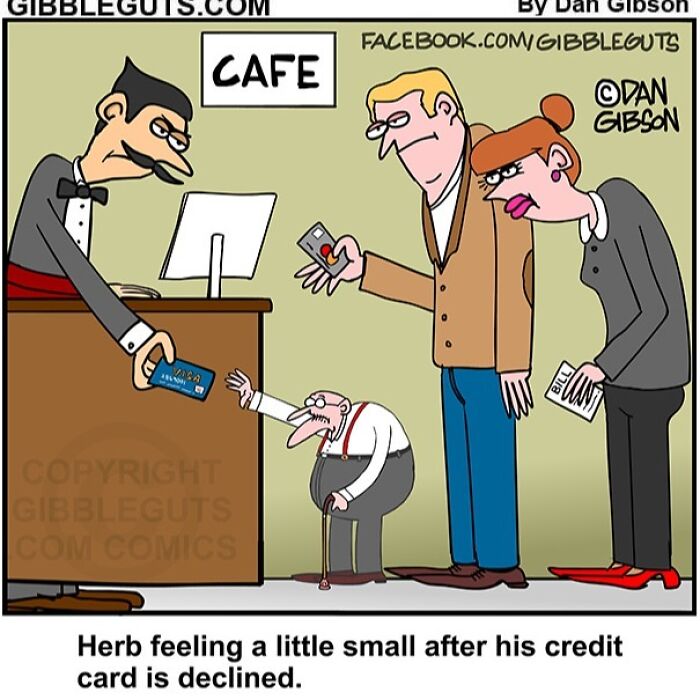 Comic from Gibbleguts Seniors Villa showing humor of aging with a small elderly man and declined credit card at café.