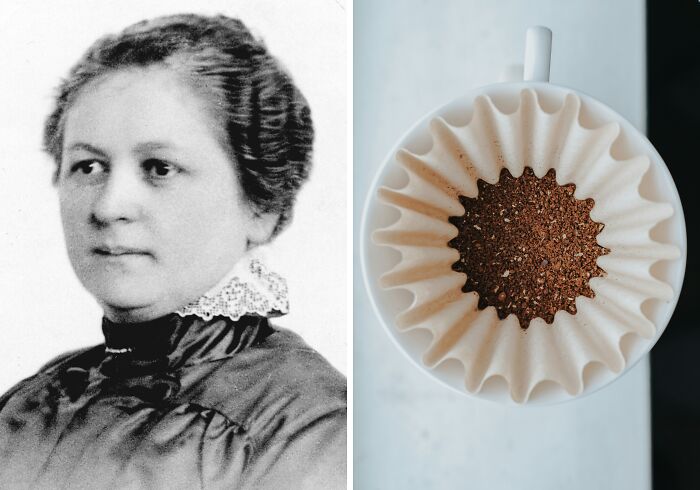 Portrait of a woman inventor next to a coffee filter with ground coffee, showcasing everyday inventions and brilliant minds.