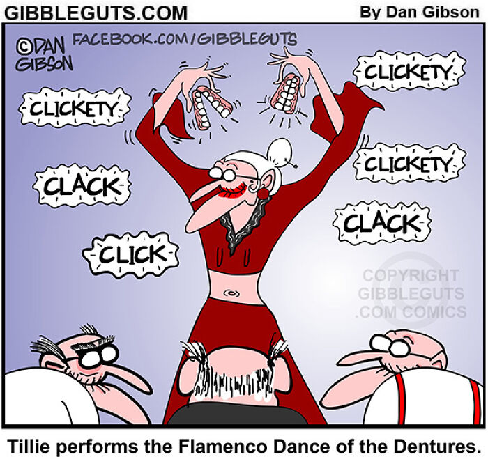 Elderly woman performing a humorous dentures dance, highlighting the comedy of getting older in Gibbleguts Seniors Villa comics.