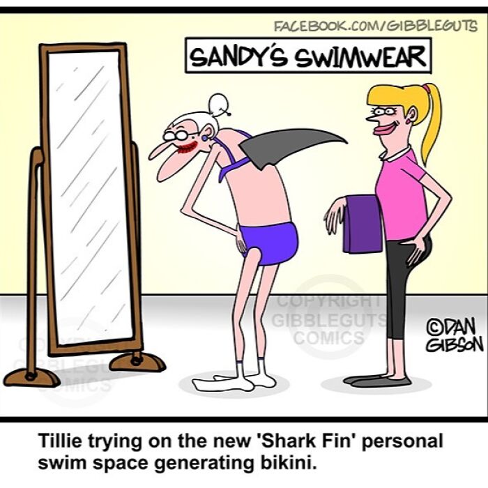 Elderly woman humorously trying on a quirky swimsuit in a comic capturing the humor of getting older at seniors villa.