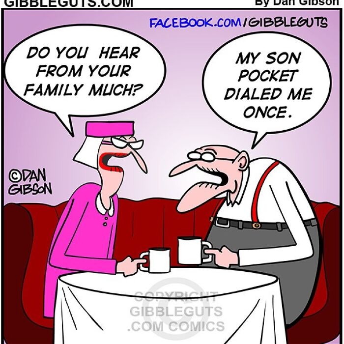 Two elderly characters humorously discussing family communication over coffee in a comic from Gibbleguts Seniors Villa.