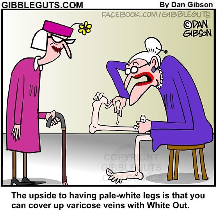 Cartoon from Gibbleguts seniors villa showing humorous take on aging with elderly woman painting varicose veins on pale legs.