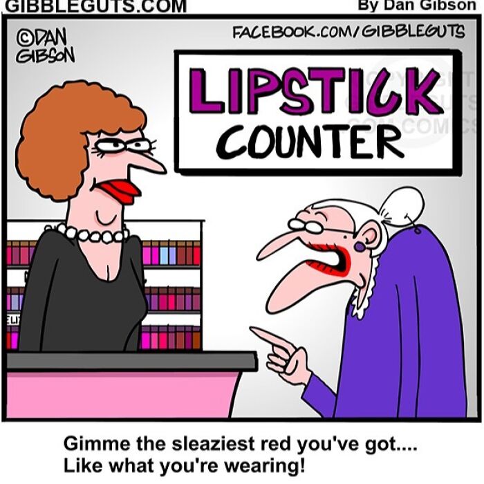 Cartoon from Gibbleguts Seniors Villa showing an elderly woman at a lipstick counter humorously capturing the humor of aging.