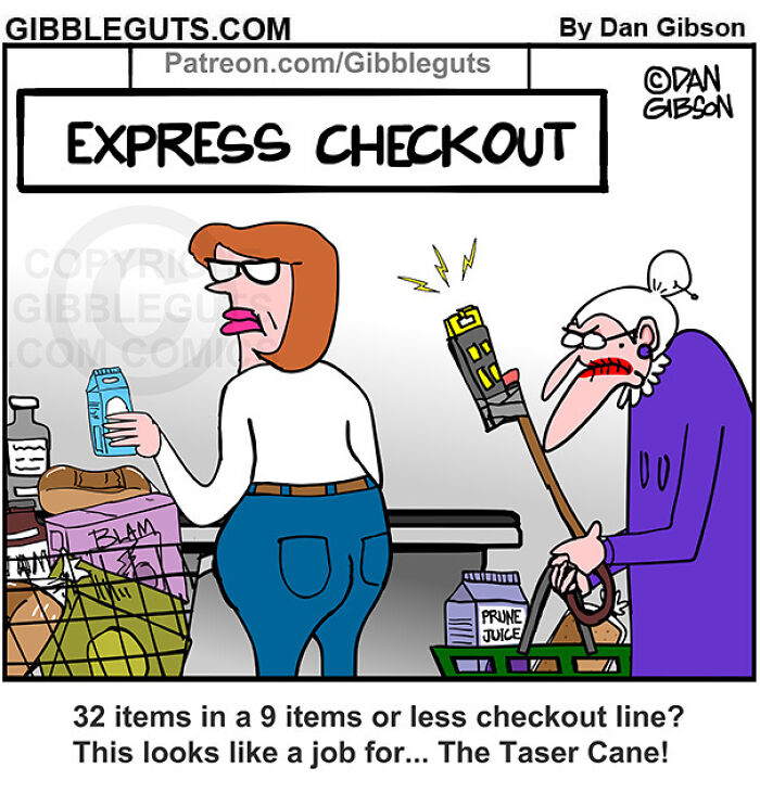 Humorous comic from Gibbleguts Seniors Villa showing an elderly woman using a taser cane at express checkout.