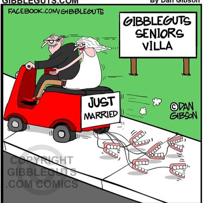 Elderly couple riding a scooter labeled just married outside Gibbleguts Seniors Villa with dentures trailing behind.