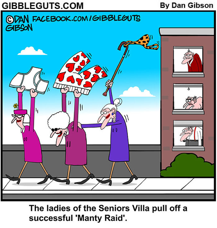 Three elderly women from Gibbleguts Seniors Villa playfully perform a humorous manty raid outdoors.