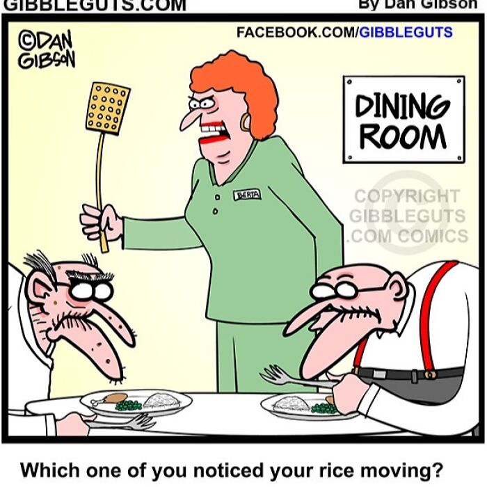 Comic from Gibbleguts Seniors Villa showing humor about aging with seniors and a caregiver in dining room scene.