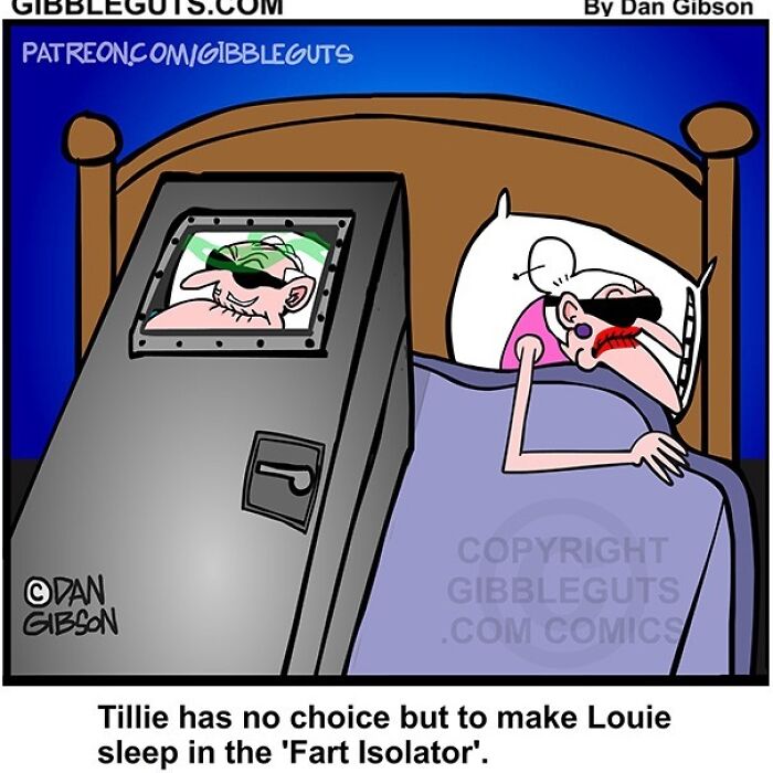 Elderly man wearing sunglasses sleeps in a 'Fart Isolator' beside a woman in bed in Gibbleguts seniors villa comic.