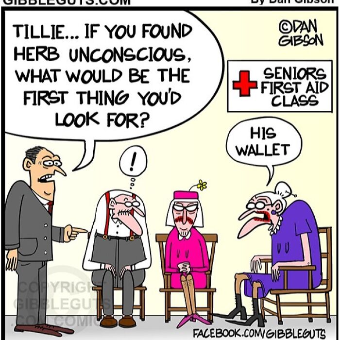 Cartoon from Gibbleguts Seniors Villa showing humorous seniors first aid class with a witty take on aging and humor.