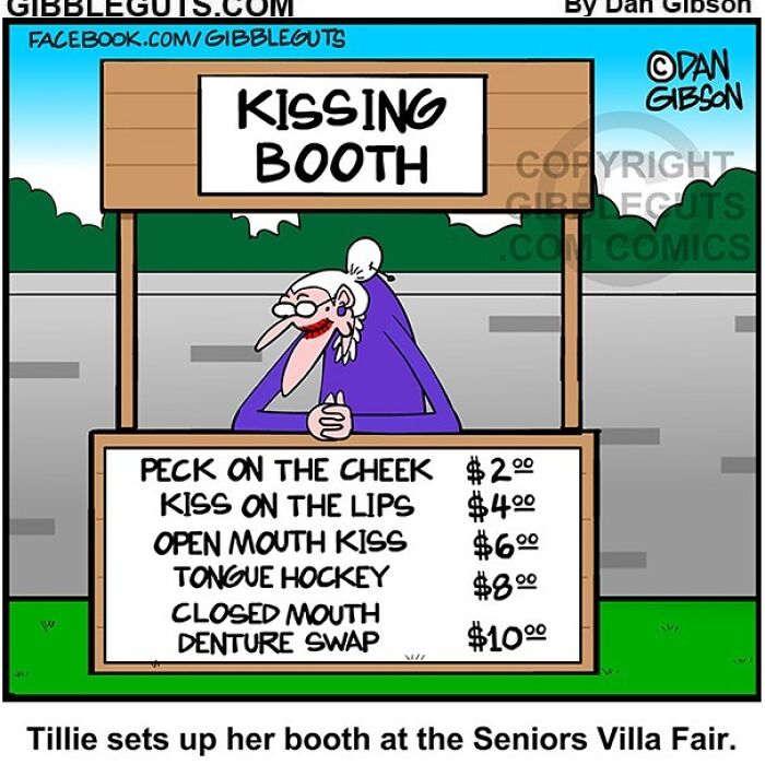 Elderly woman running a humorous kissing booth comic from Gibbleguts Seniors Villa capturing the humor of aging.