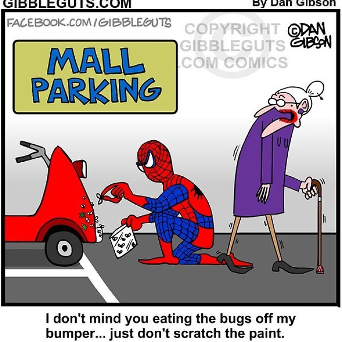 Cartoon from Gibbleguts Seniors Villa showing humorous aging with Spider-Man cleaning bugs off a car bumper.