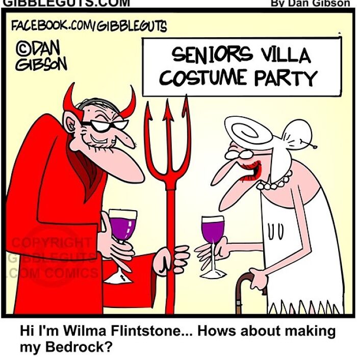Cartoon from Gibbleguts Seniors Villa showing elderly characters in humorous costume party celebrating getting older.