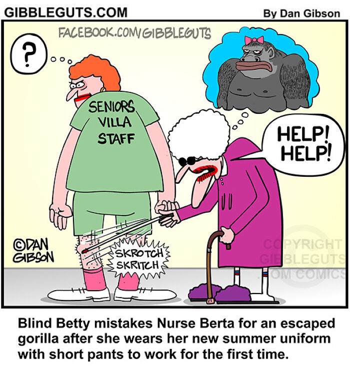 Elderly woman humorously mistakes staff member for a gorilla in a Gibbleguts Seniors Villa comic about aging humor.