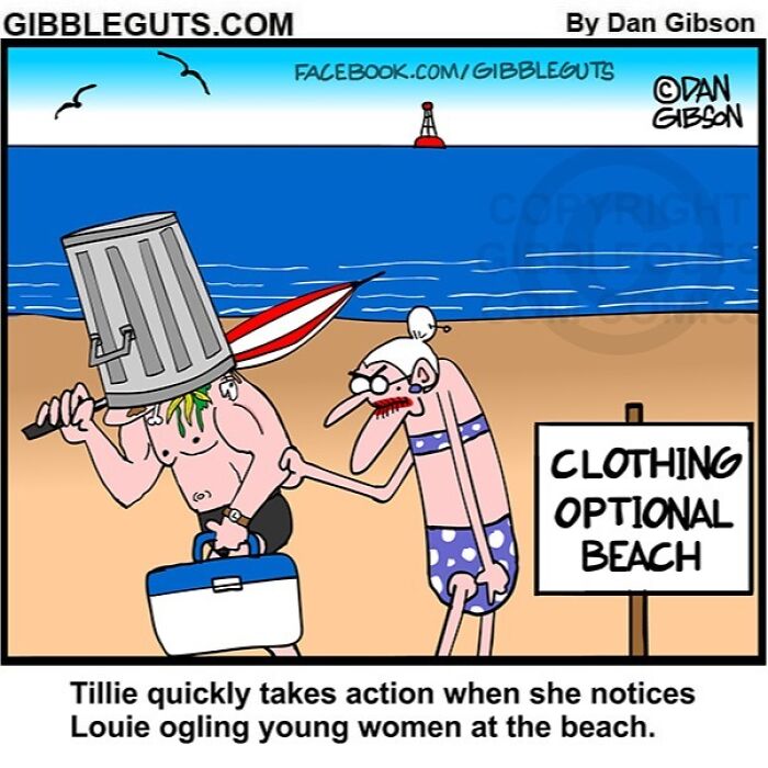 Cartoon from Gibbleguts Seniors Villa showing humorous elderly characters at a clothing optional beach.