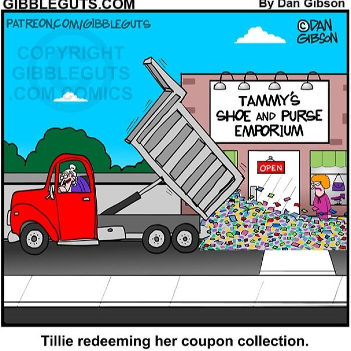 Comic from Gibbleguts Seniors Villa showing humor of getting older with an elderly woman dumping coupons in a shoe store.
