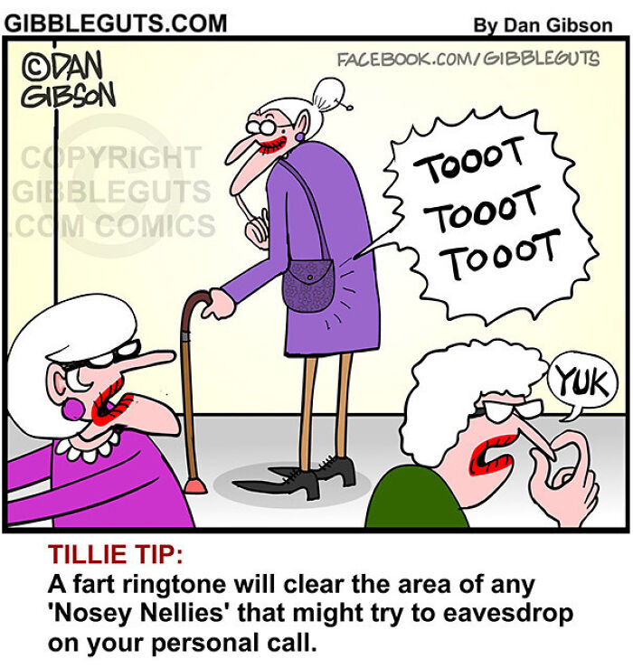 Comic from Gibbleguts Seniors Villa humorously shows older adults using a fart ringtone to deter eavesdroppers.