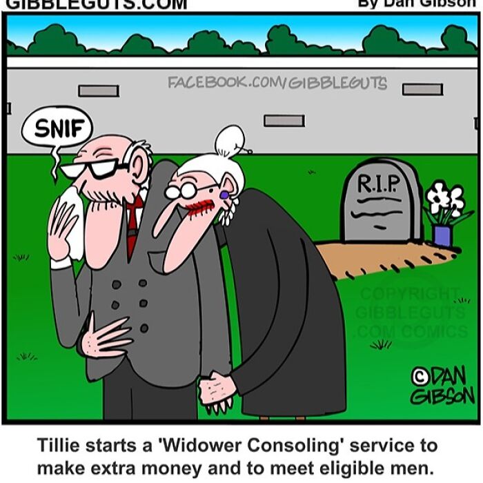 Elderly couple at a gravesite in a comic from Gibbleguts Seniors Villa, capturing humor of getting older.