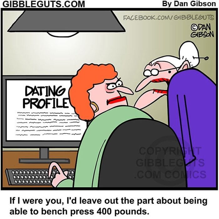 Two seniors review a dating profile on a computer, humorously capturing the humor of getting older in Gibbleguts comics.