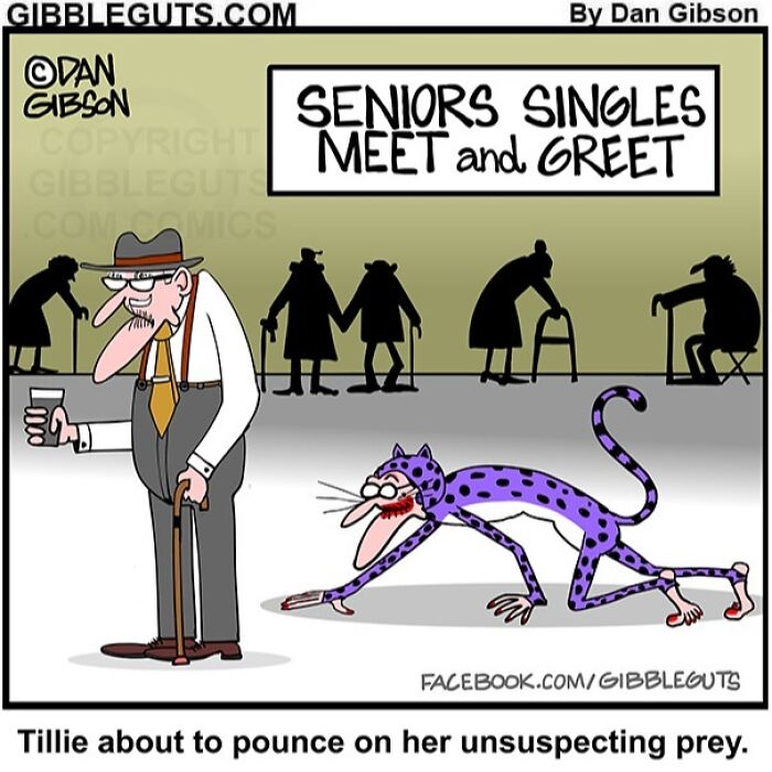 Cartoon from Gibbleguts seniors villa comic showing humorous seniors singles meet with an unexpected cat pouncing scene.