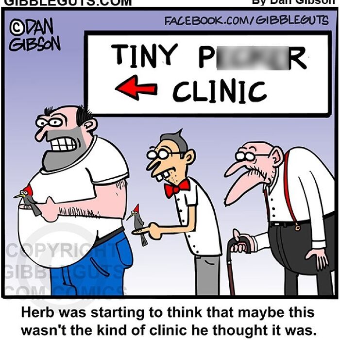 Three men with toy penguins in line at a tiny penguin clinic, humorously capturing aging in seniors villa comics.