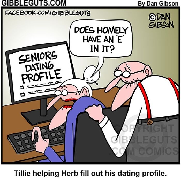Two seniors laughing while creating a dating profile, capturing humor of getting older in a seniors villa comic.
