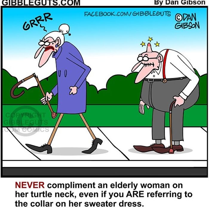 Elderly couple cartoon from Gibbleguts Seniors Villa humorously capturing challenges of getting older with walking aids.
