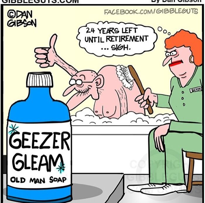 Cartoon from Gibbleguts Seniors Villa showing humor about getting older with a man bathing and a caregiver nearby.