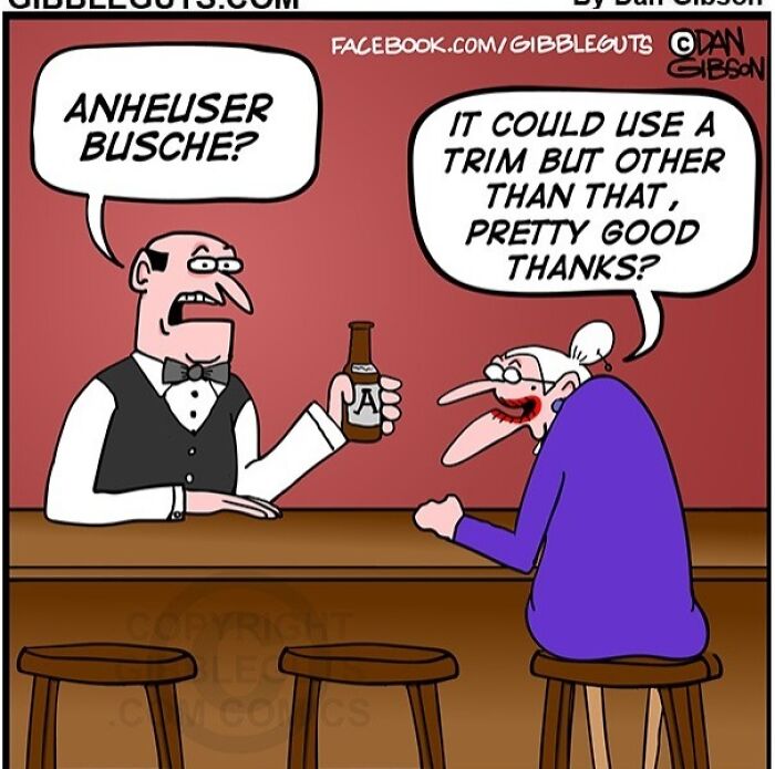 Elderly woman humorously drinks at bar in comic from Gibbleguts Seniors Villa capturing aging humor.