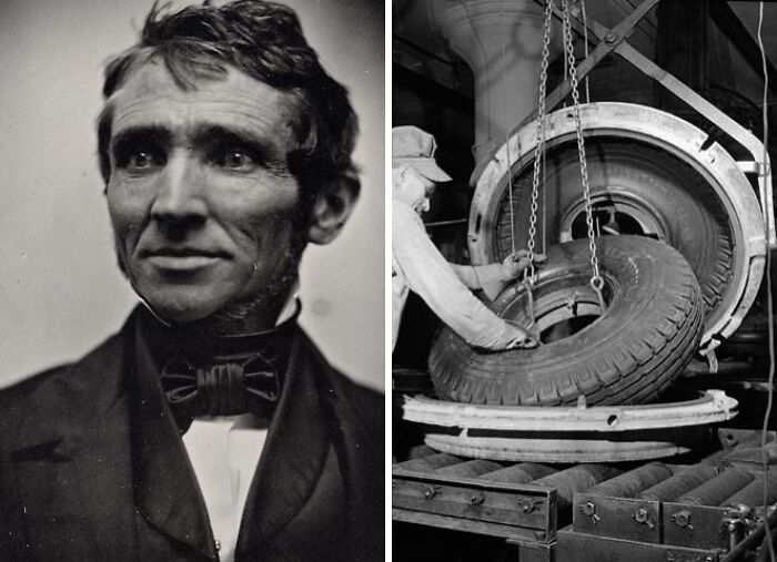 Portrait of an inventor alongside a vintage tire manufacturing process showcasing everyday inventions and their brilliant minds.