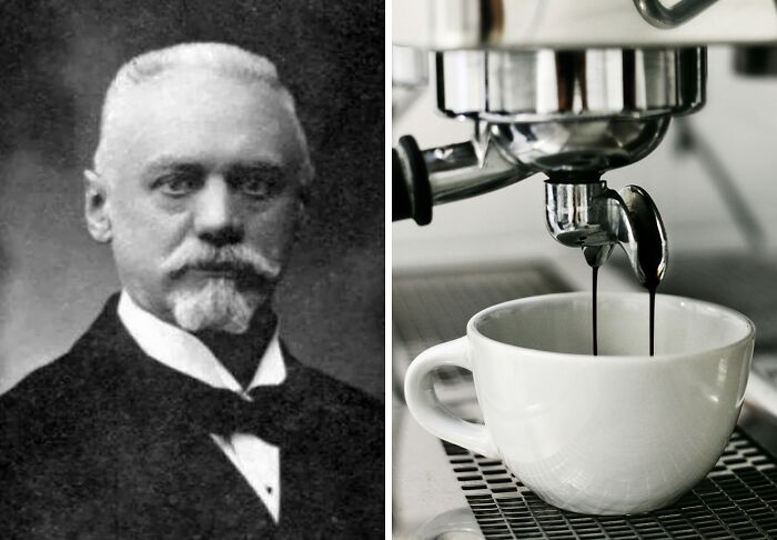 Portrait of a man believed to be an inventor next to an espresso machine pouring coffee into a white cup, everyday inventions.