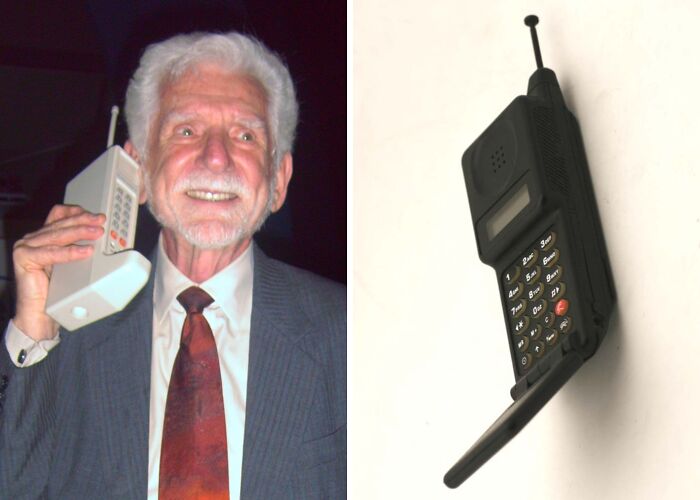 Elderly man holding an early mobile phone next to a vintage brick cellphone representing everyday inventions and innovators.