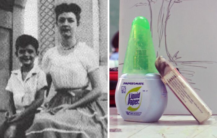 Black and white photo of inventors beside a close-up of PaperMate Liquid Paper correction fluid, a famous everyday invention.