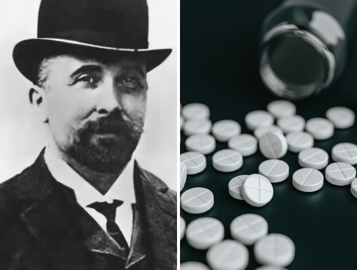 Portrait of the inventor of aspirin next to scattered white pills, showcasing everyday inventions and brilliant minds behind them.