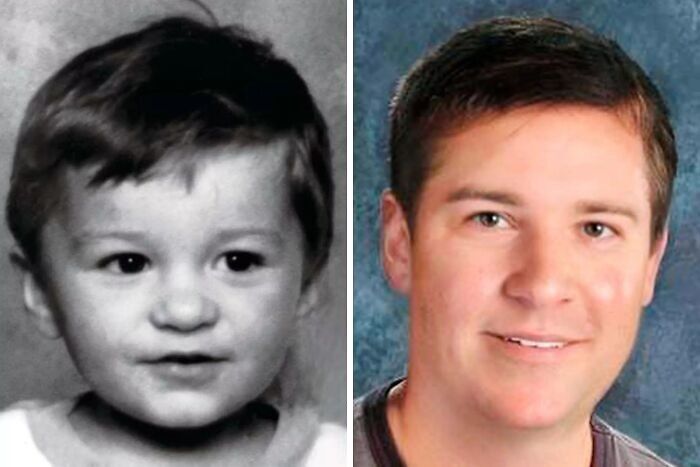 Side-by-side images showing a chilling disappearance case from the ’90s, featuring a young child and a grown man.